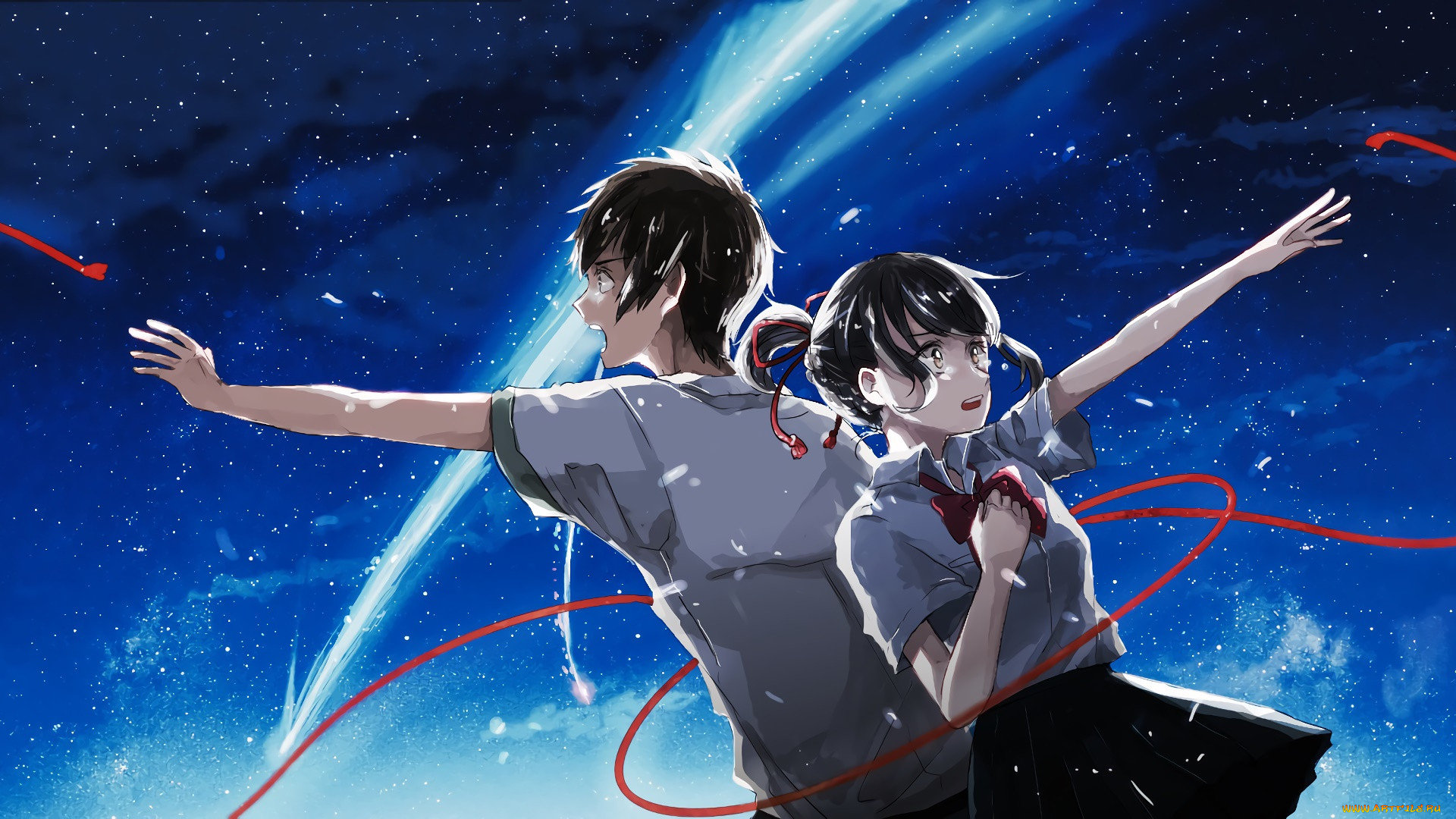 Обои Аниме Kimi no Na wa, обои для рабочего стола, фотографии аниме, kimi  no na wa, взгляд, парень, фон, девушка Обои для рабочего стола, скачать  обои картинки заставки на рабочий стол.